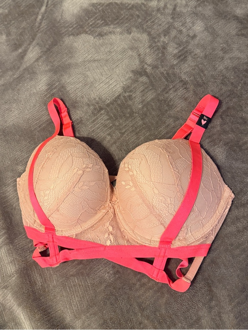 Lace Push-Up Bra with Contrast Straps - Pink/Nude